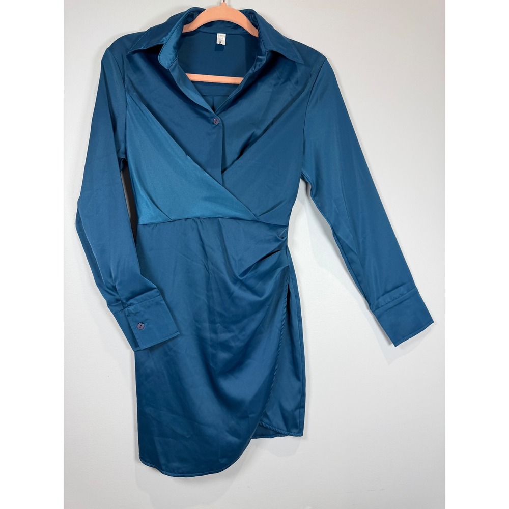 Fashion Nova Teal Blue Satin Wrap Mini Dress Long Sleeve Collared Size XS